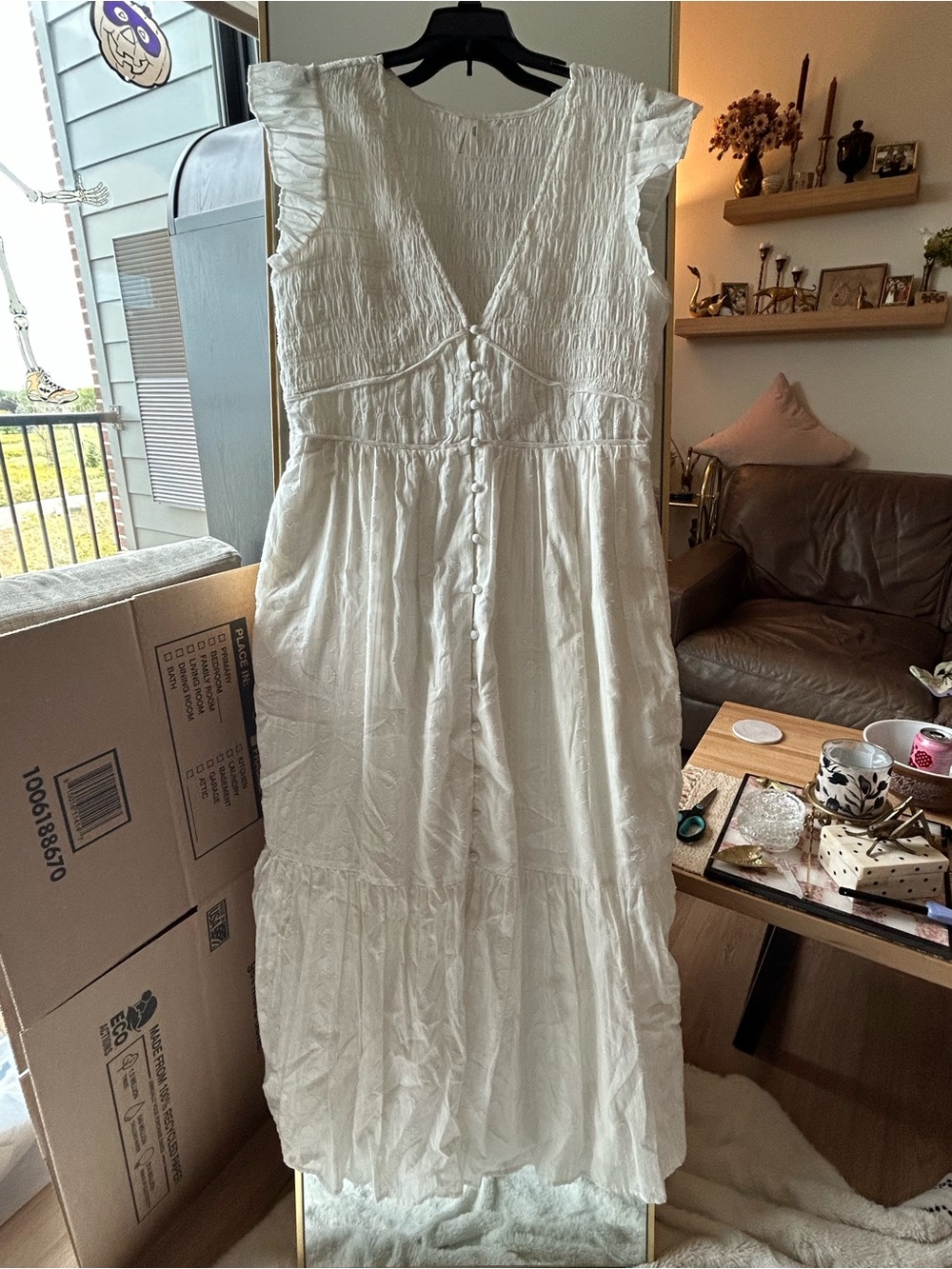 Anthropologie Ivory Button-Front Maxi Dress with Ruffle Cap Sleeves